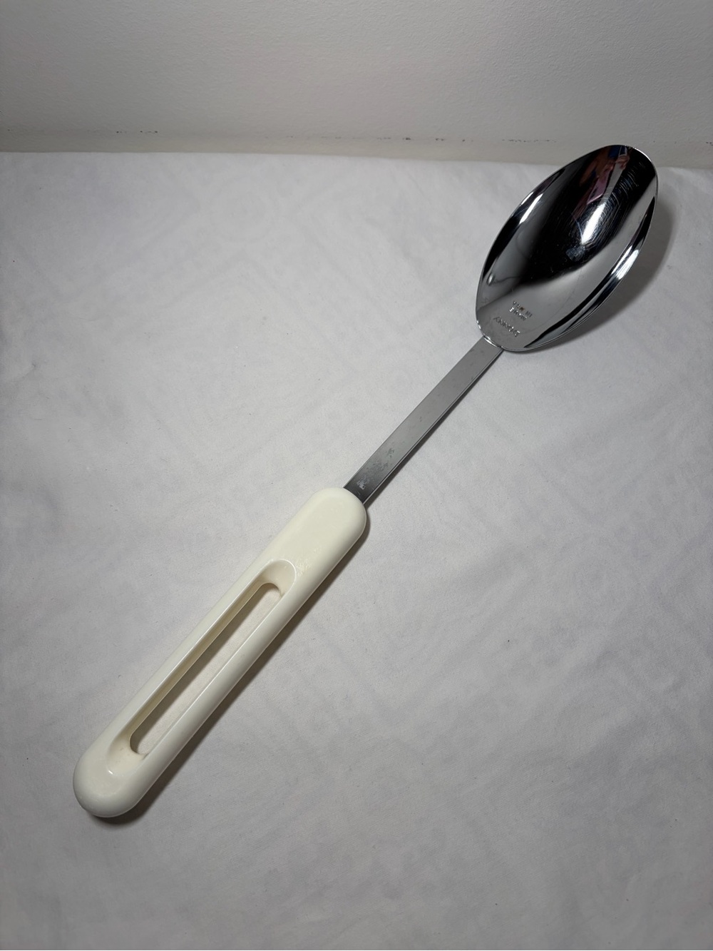 Bonny Made in USA Cooking Spoon, White Plastic Handle, Silver Metal
